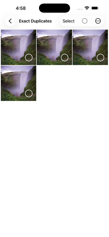 Exact Duplicates screen showing duplicate waterfall photos