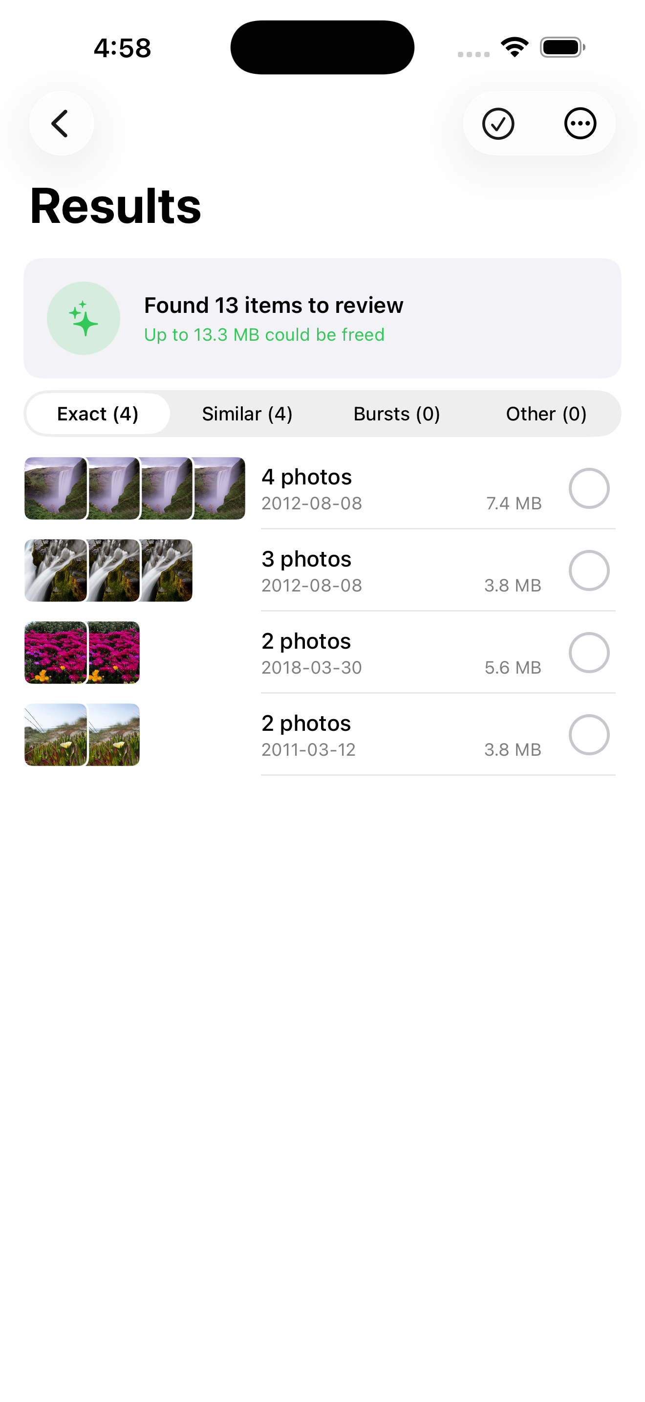 Results screen showing 13 items found grouped by type
